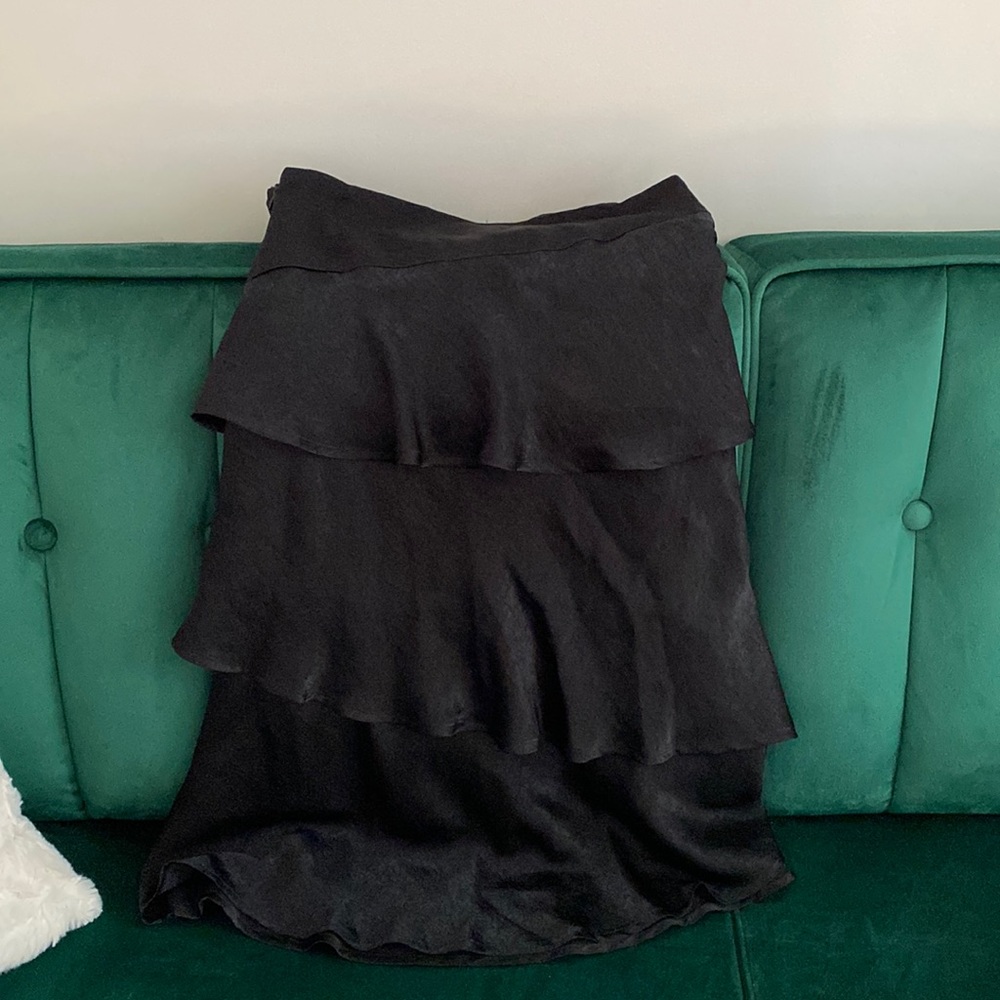 Black silk ruffle skirt midi